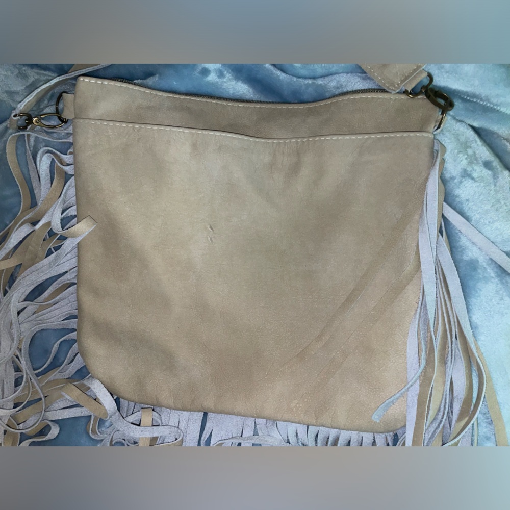 new 15*13 side leather Fringe Boho Tan and Teal Crossbody Bag - Picture 5 of 6